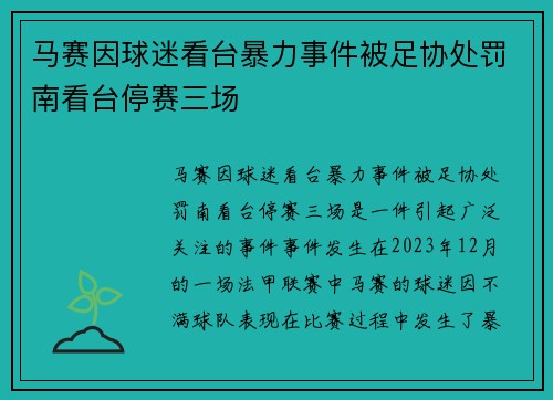 马赛因球迷看台暴力事件被足协处罚南看台停赛三场