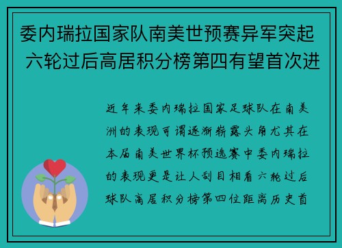 委内瑞拉国家队南美世预赛异军突起 六轮过后高居积分榜第四有望首次进军世界杯