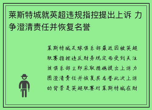 莱斯特城就英超违规指控提出上诉 力争澄清责任并恢复名誉 莱斯特城就英超违规指控提出上诉 力争澄清责任并恢复名誉