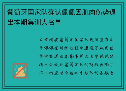 葡萄牙国家队确认佩佩因肌肉伤势退出本期集训大名单 葡萄牙国家队确认佩佩因肌肉伤势退出本期集训大名单