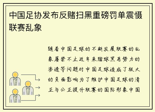 中国足协发布反赌扫黑重磅罚单震慑联赛乱象