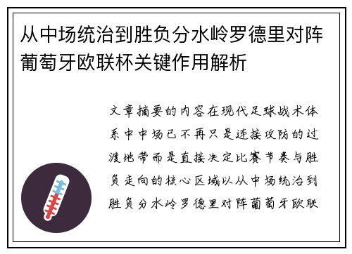 从中场统治到胜负分水岭罗德里对阵葡萄牙欧联杯关键作用解析