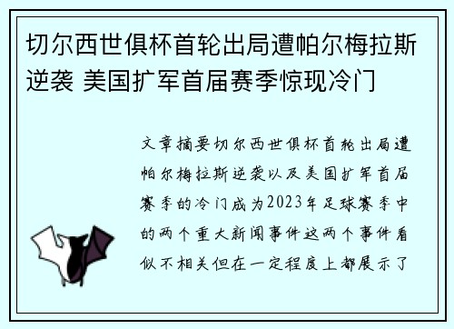 切尔西世俱杯首轮出局遭帕尔梅拉斯逆袭 美国扩军首届赛季惊现冷门
